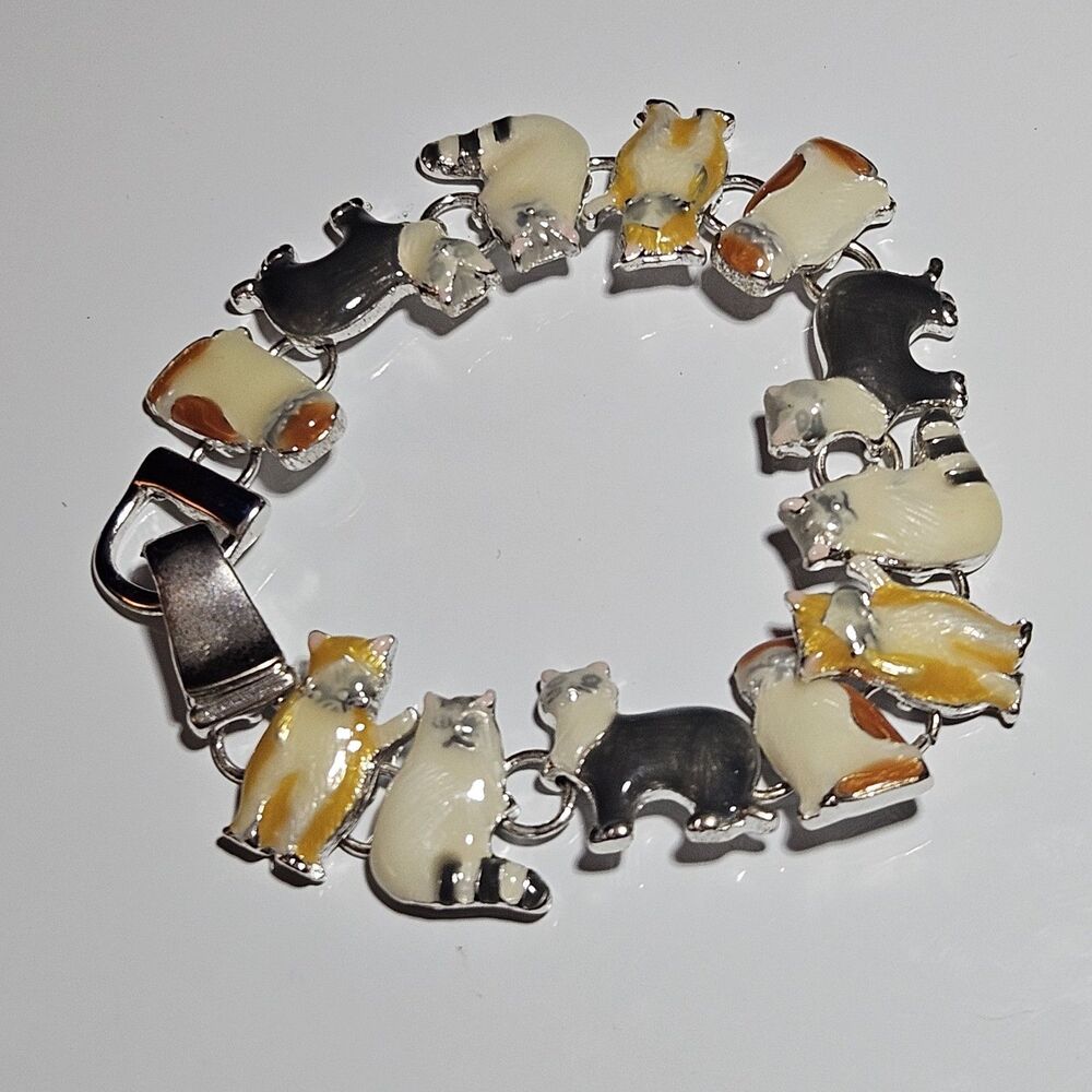 *Sale*Cat Bracelet Chain Link Magnetic Clasp Kitty Cat Kitten Calico Silver 7.5" - Picture 15 of 16